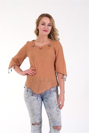 Oyalı Tek Renk Kahve Otantik Bluz