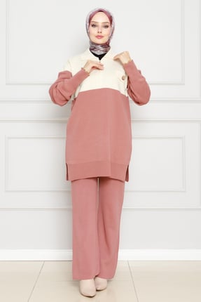 Detailed Knitwear Suit-Rose color