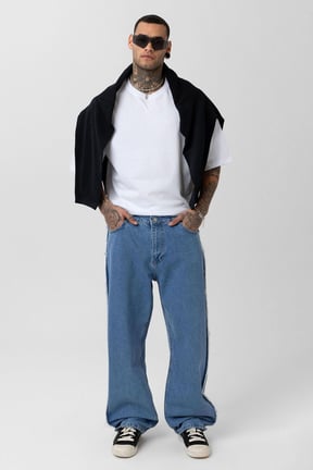 Yan Dikiş Detaylı Baggy Jean Mavi