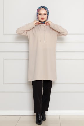 Tunic with high collar - beige color