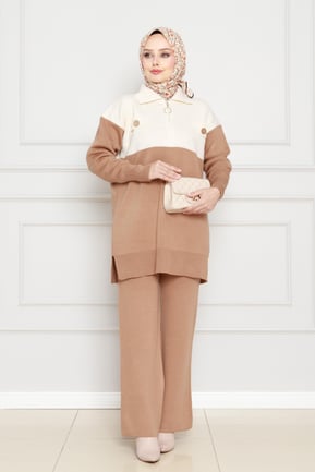 Detailed Knitwear Suit-Sand color