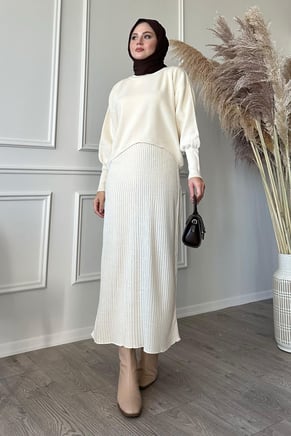 Balloon Sleeve Dress Ecru Knit Set
