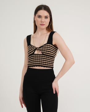 Siyah Bisküvi Örme Crop Top Triko