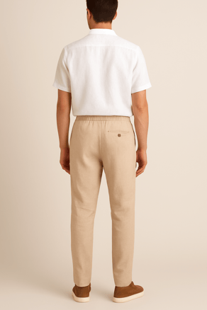 Erkek Bej Beli Lastikli Bağcıklı Keten Spor Jogger Pantolon