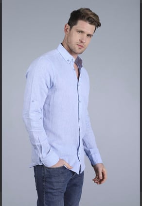 Erkek Mavi Slim Fit Ham Keten Spor Gömlek