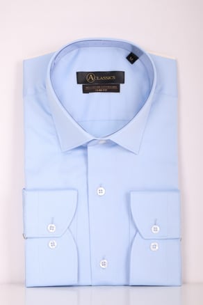 Erkek Mavi Slim Fit Saten Pamuk Cepsiz Gömlek