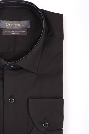 Erkek Siyah Slim Fit Saten Pamuk Cepsiz Gömlek