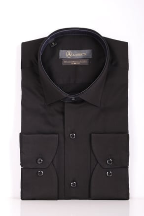 Erkek Siyah Slim Fit Saten Pamuk Cepsiz Gömlek