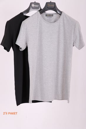 Erkek Gri Siyah Bisiklet Yaka Yumuşak Pamuk Basic 2li Paket T-shirt
