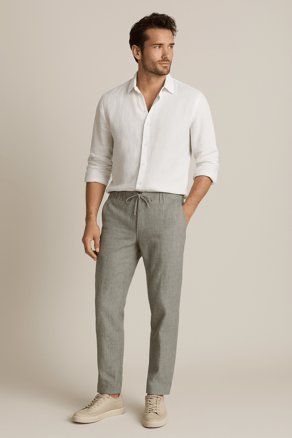 Erkek Gri Beli Lastikli ve Bağcıklı Keten Spor Jogger Pantolon