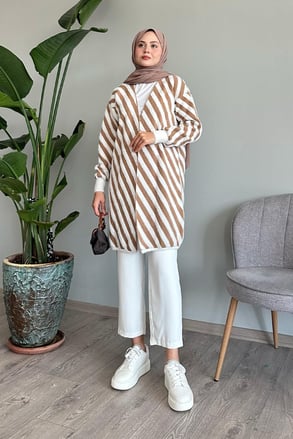 Striped Furry Camel Knit Cardigan