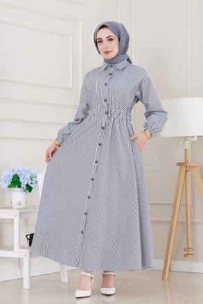 Buttoned Striped Dress-grey color