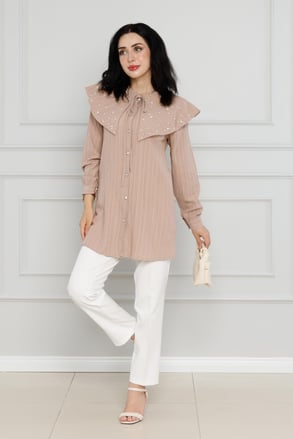 Wide Collar Pearl Tunic-mink color