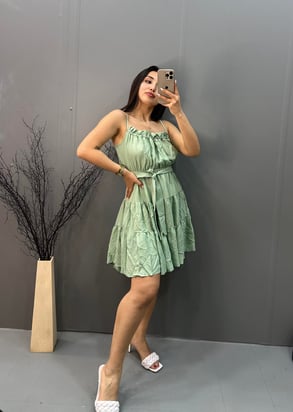 Kuşaklı Bel Lastikli Elbise Mint Yeşili