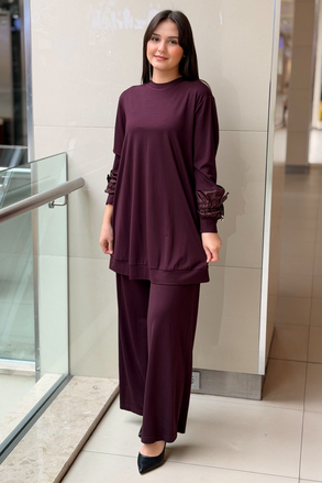 Nurcan Çetin Kolları Büzgü Efektli Tunik Pantolon Takım