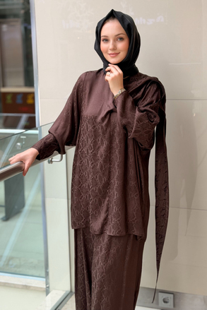 Ghisa Piton Desenli Şal Yaka Tunik Pantolon Takım