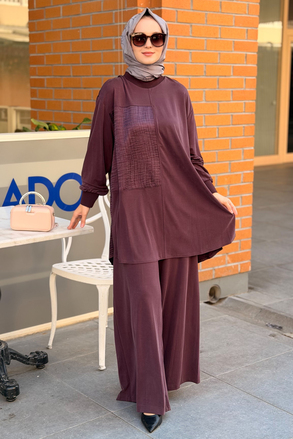 Nurcan Çetin Desenli Kumaş Kombinli Tunik Pantolon Takım