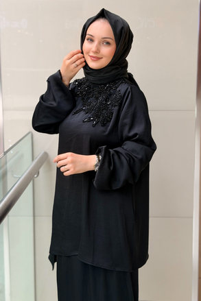 Nurcan Çetin Heddy Yakası Çiçek Boncuk İşlemeli Tunik Etek Takım