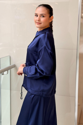 Ghisa Önü Taş Çıtçıtlı Cepli Bel Bügülü Saten Ceket
