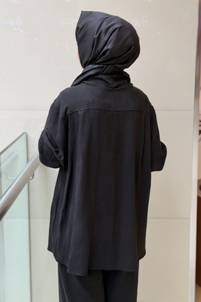 Ghisa Kendinden Desenli Büzgü Yaka Tunik Pantolon Takım