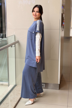 Nurcan Çetin Omuzu Çizgili Cep Kapaklı Yelek İç Tunik Pantolon 3Lü Takım