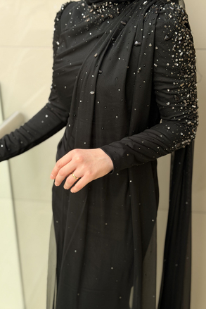 Fashion Night Kolları Taşlı Şifon Tül Abiye Elbise