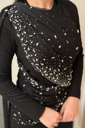 Fashion Night Drapeli Taş İşlemeli Tül Abiye Elbise