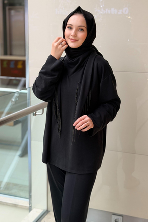 Ghisa Boncuklu Şal Yaka Tunik Pantolon Takım