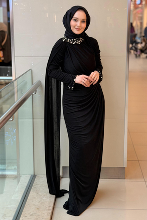 Fashion Nigth Yaka Ve Beli Taş Detaylı Abiye Elbise
