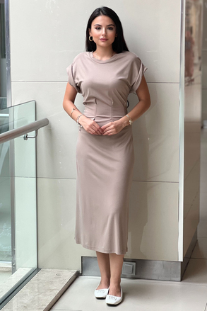 On Fashion Sıfır Yaka Beli Pileli Kısa Kollu Uzun Elbise