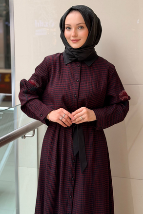 Fuat Gürşen Kolları Çiçek Boncuk İşlemli kare Desenli Gömlek Elbise