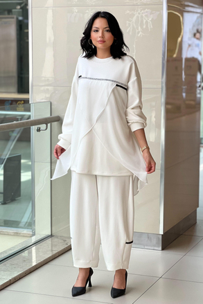Ghisa Göğsü Şerit Taşlı Şifon Detaylı Tunik Pantolon Takım