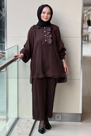 Ghisa Fırfır Detaylı Mix Kumaş Desenli Tunik Pantolon Takım