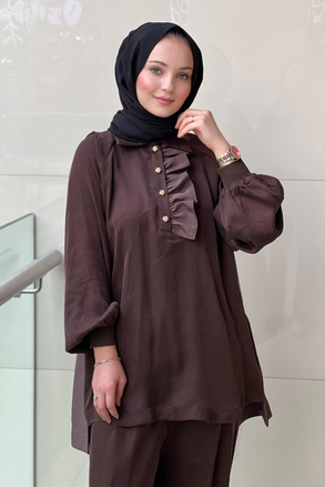 Ghisa Fırfır Detaylı Mix Kumaş Desenli Tunik Pantolon Takım