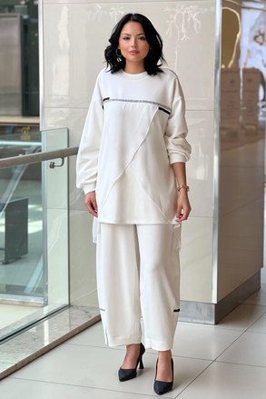 Ghisa Göğsü Şerit Taşlı Şifon Detaylı Tunik Pantolon Takım