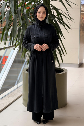 Missdalida Dik Yaka Cep Kapaklı Tam Boy Fermuarlı Cupro Kap