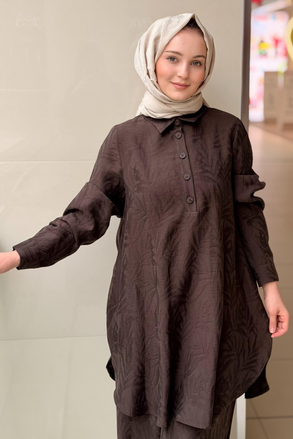 Nurcan Çetin Kendinden Yaprak Desenli Tunik Pantolon Takım
