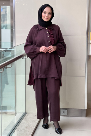 Ghisa Fırfır Detaylı Mix Kumaş Desenli Tunik Pantolon Takım