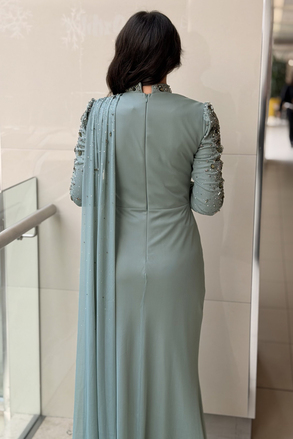Fashion Night Kolları Taşlı Şifon Tül Abiye Elbise