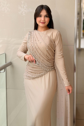 Fashion Night Drapeli Taş İşlemeli Tül Abiye Elbise
