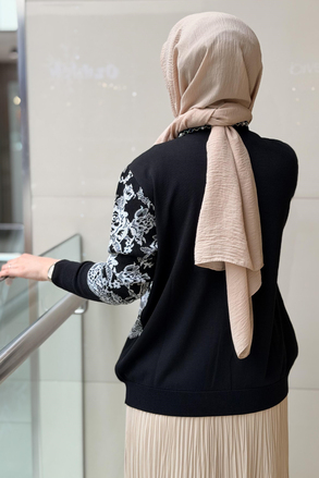 Ghisa İnci Düğmeli Gül Desenli Triko Hırka