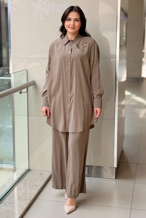 Nurcan Çetin Broş Detaylı Gömlek Pantolon Basic Takım