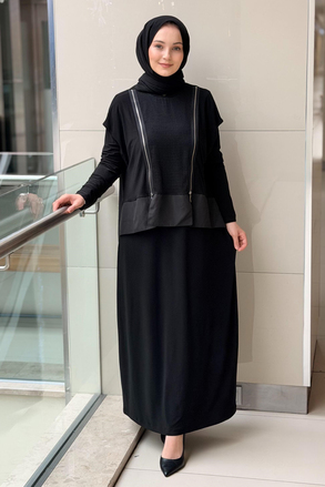 Nurcan Çetin Çift Fermuar Detaylı Kolsuz Yelek İç Elbiseli İkili Takım