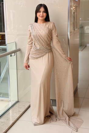 Fashion Night Drapeli Taş İşlemeli Tül Abiye Elbise