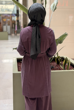Nurcan Çetin Yanları Bürümcük Kumaş Kombinli Uzun Kap Pantolon Takım