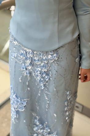 Fashion Night Kabartma Gül İşli Bluz Etek İkili Abiye Takım