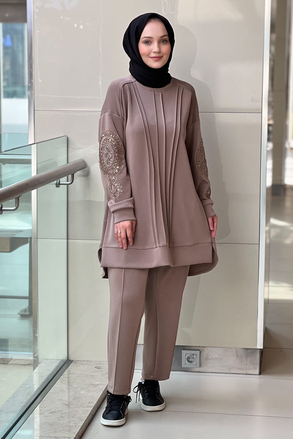 Fuat Gürşen Kolları İşlemli Nervür Detaylı Tunik Pantolon Takım