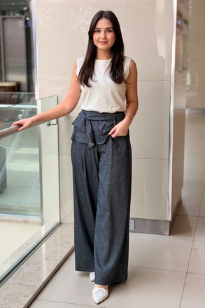 Ceremony Keten Denim Önden Bağlama Detaylı Bol Paça Pantolon