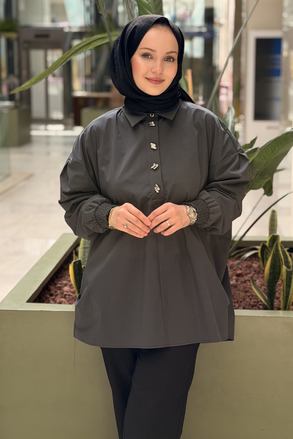 Tığ Triko Yarım Patlı Gipeli Oversize Gömlek
