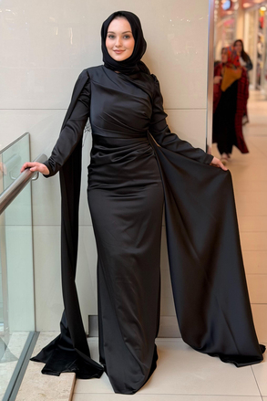 Fashion Night Pelerinli Saten Abiye Elbise